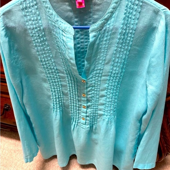 Lilly Pulitzer Blue 3/4 Sleeve Pleated Sarasota linen Tunic like new - Picture 4 of 5